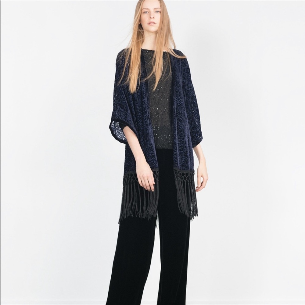 New Zara Velvet Fringe Kimono Tassels Cardigan